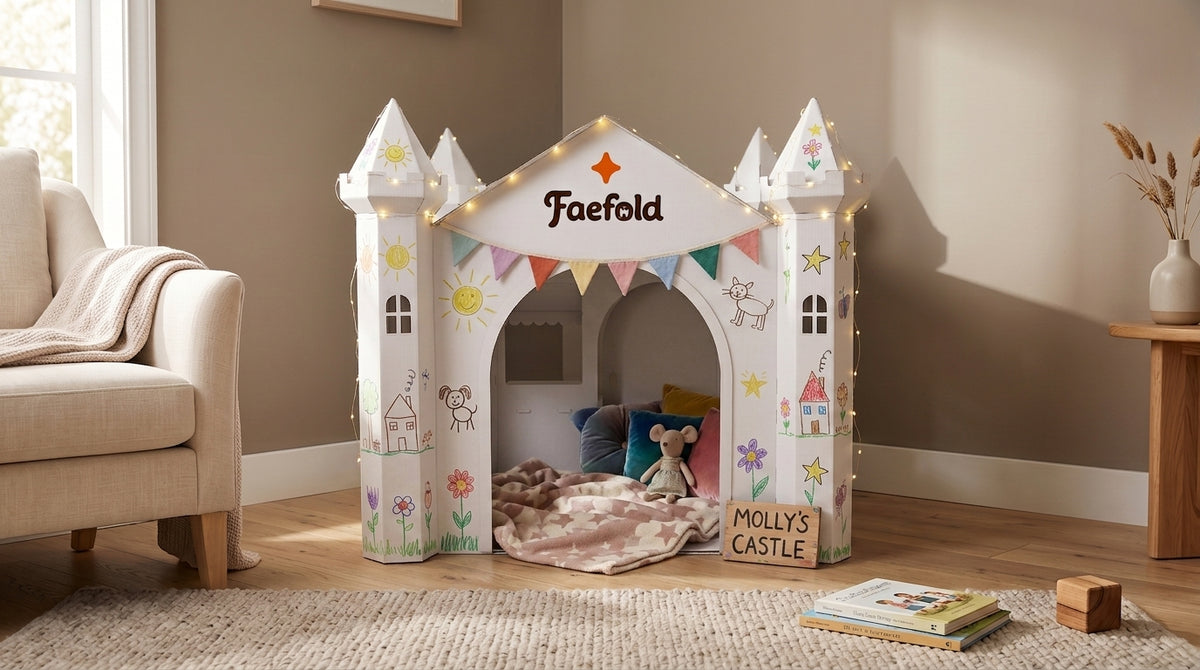 A white castle-shaped children's playhouse with decorative illustrations, fairy lights, bunting, and a plush mouse, set in a styled child's room. The front reads 'Faefold' and the side reads 'Molly's Castle'.