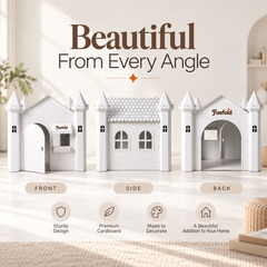 Three white decorative house-shaped cardboard boxes shown from front, side, and back views on a light beige surface, with large text reading 'Beautiful From Every Angle' above and feature callouts below.