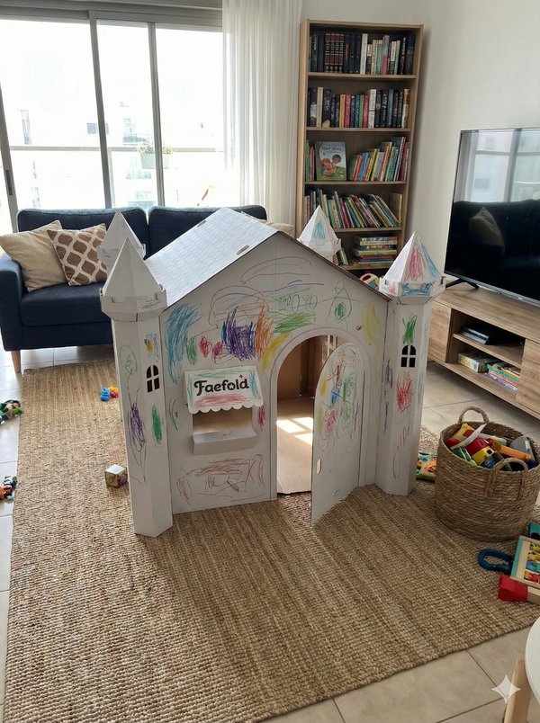 Children's playhouse made from cardboard with colorful drawings in a living room.
