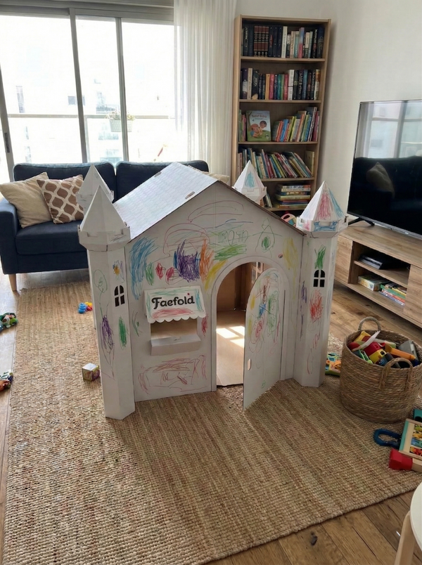Children's playhouse with colorful drawings in a living room.