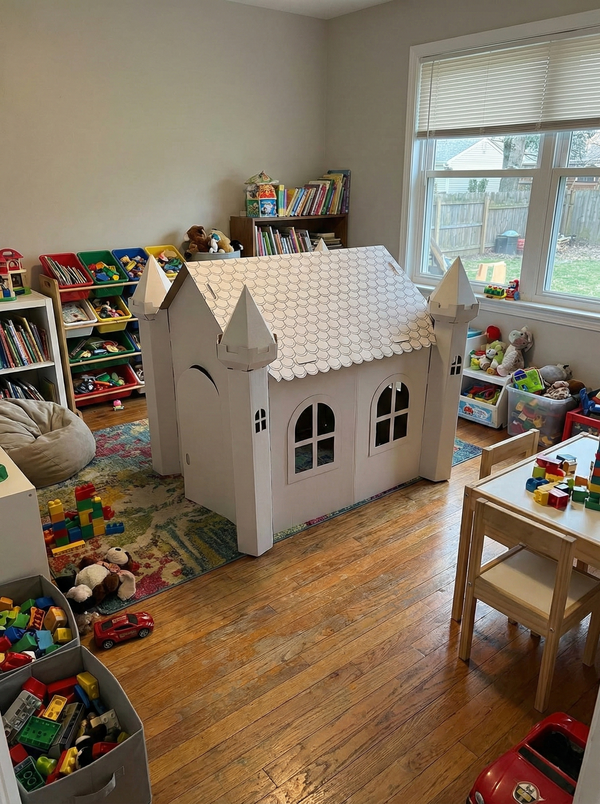 Children's playroom with a large white castle model, toys, and bookshelves.