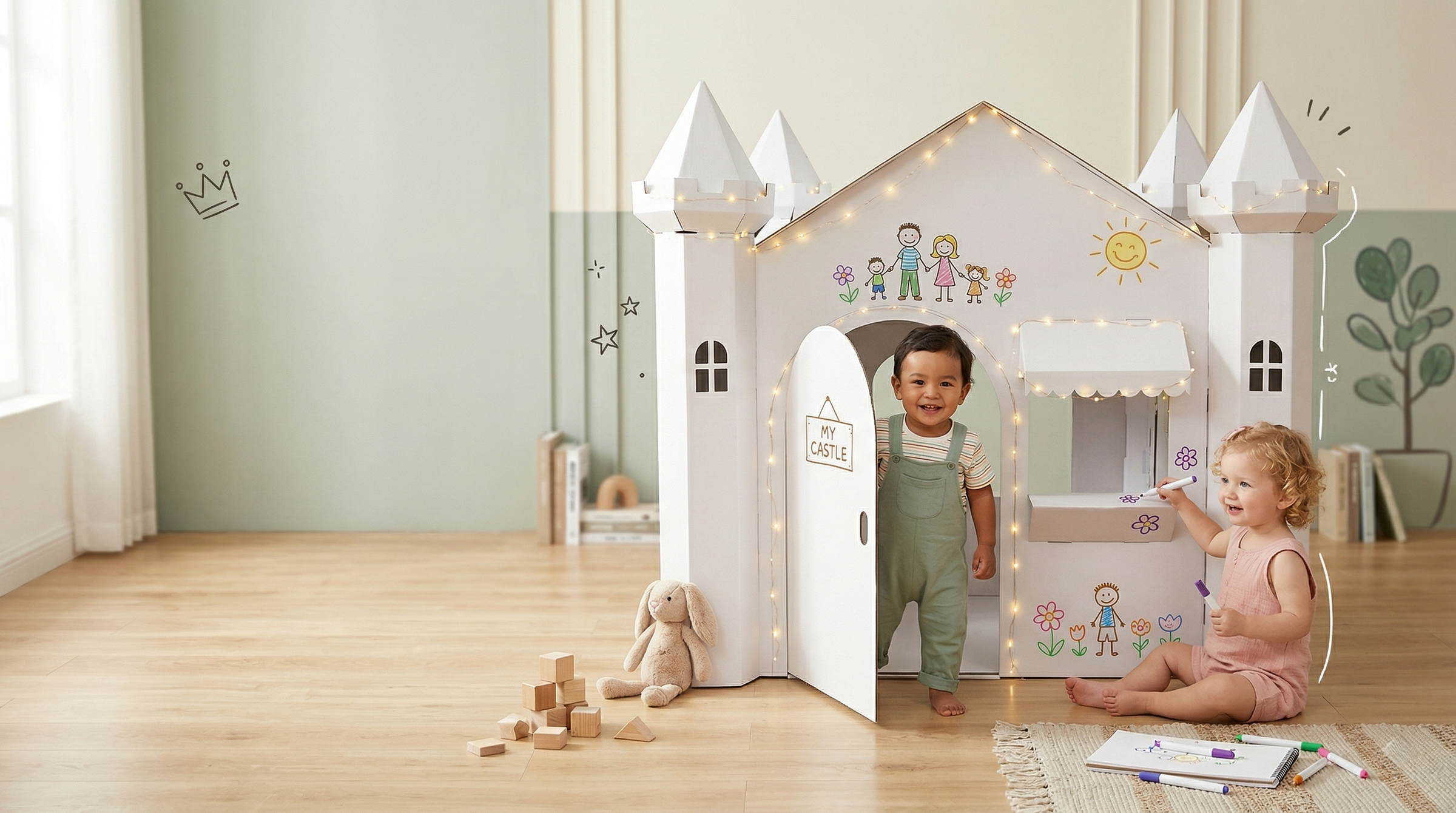 Two children playing inside a cardboard playhouse with fairy lights in a room with wooden floor and light green wall.