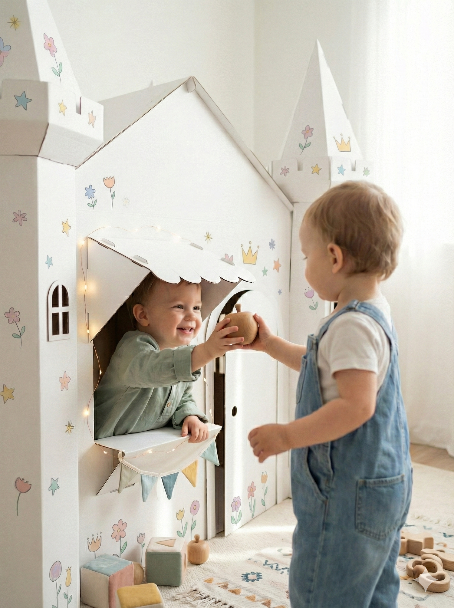 Two children playing inside a white playhouse with colorful decorations.