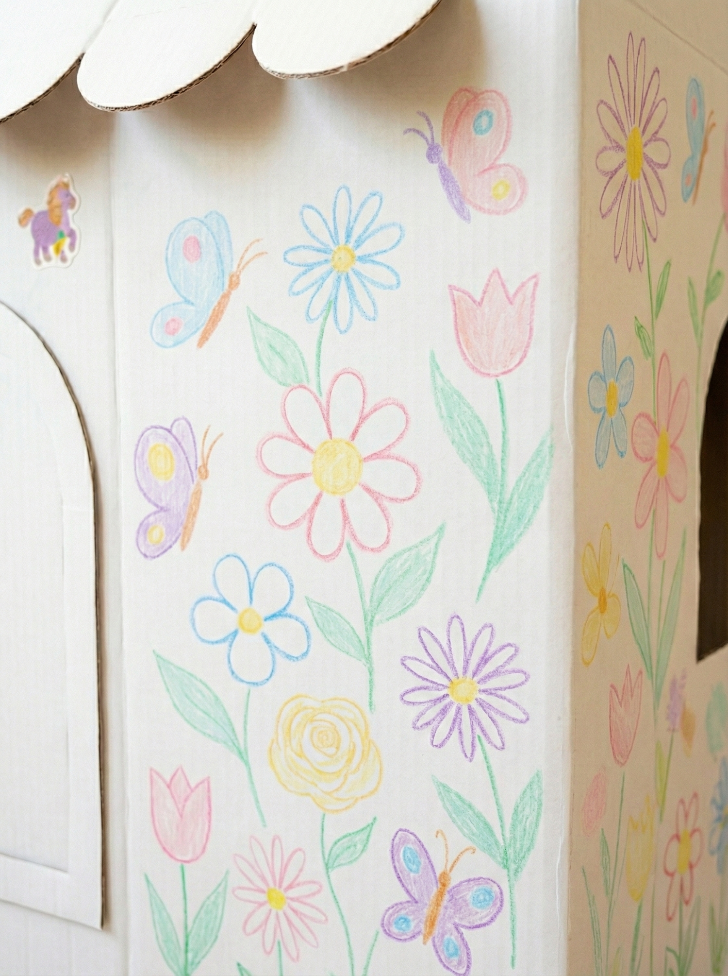 Decorative window with colorful flowers and butterflies
