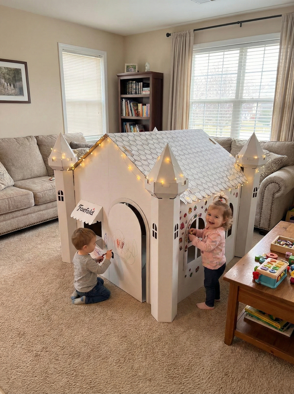 Two children playing inside a cardboard playhouse in a living room.