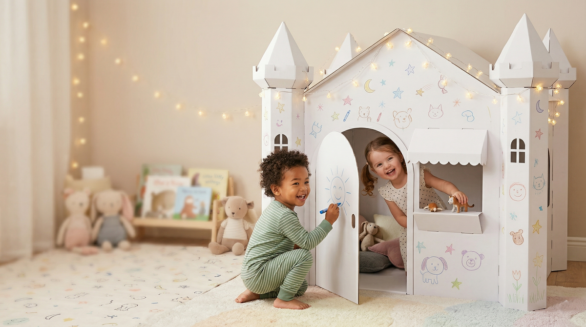A children's playhouse with a castle design, decorated with pastel animal and moon-and-star illustrations and warm fairy lights. Two children are playing inside and beside the white playhouse on a soft rug in a cozy room.