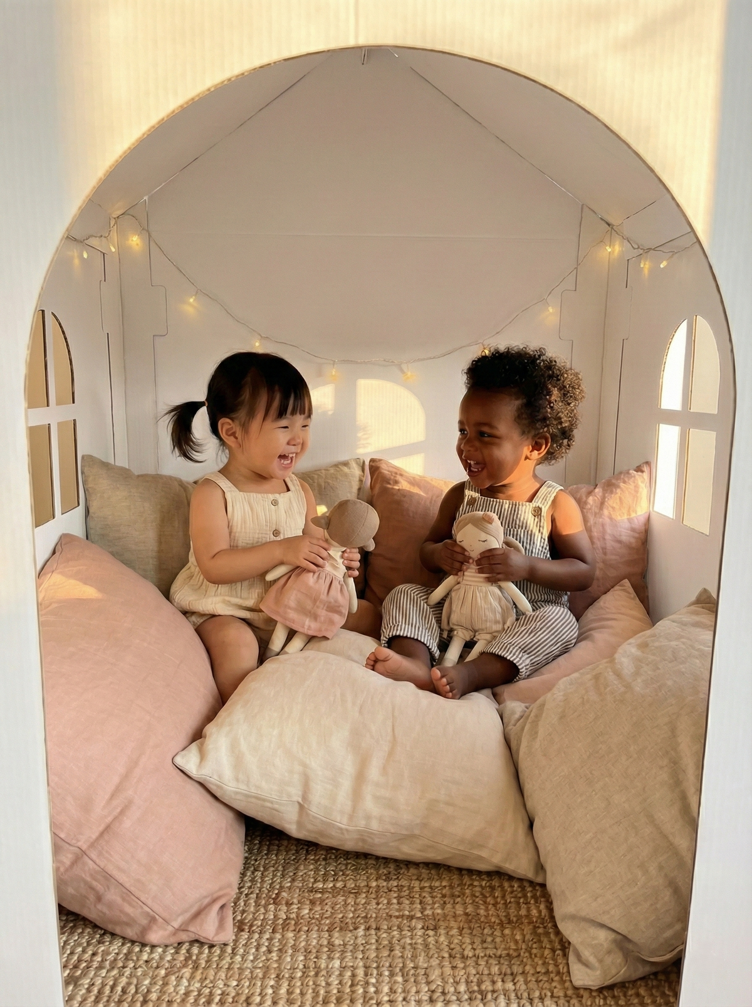 Two children sitting in a cozy bed with plush toys, surrounded by soft lighting.